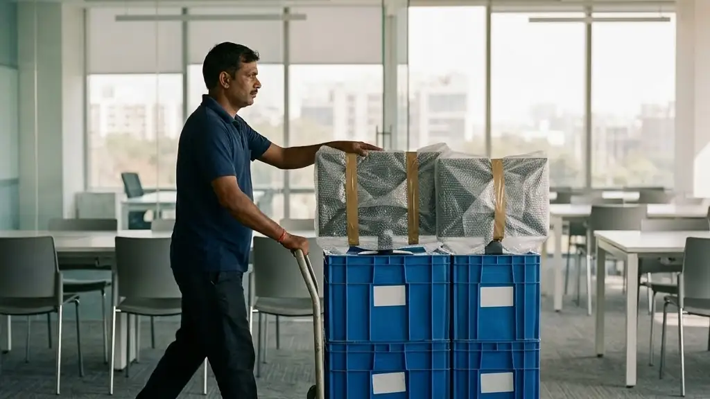 Illustration: a packer pushing a trolley of crates and wrapped monitors through an office