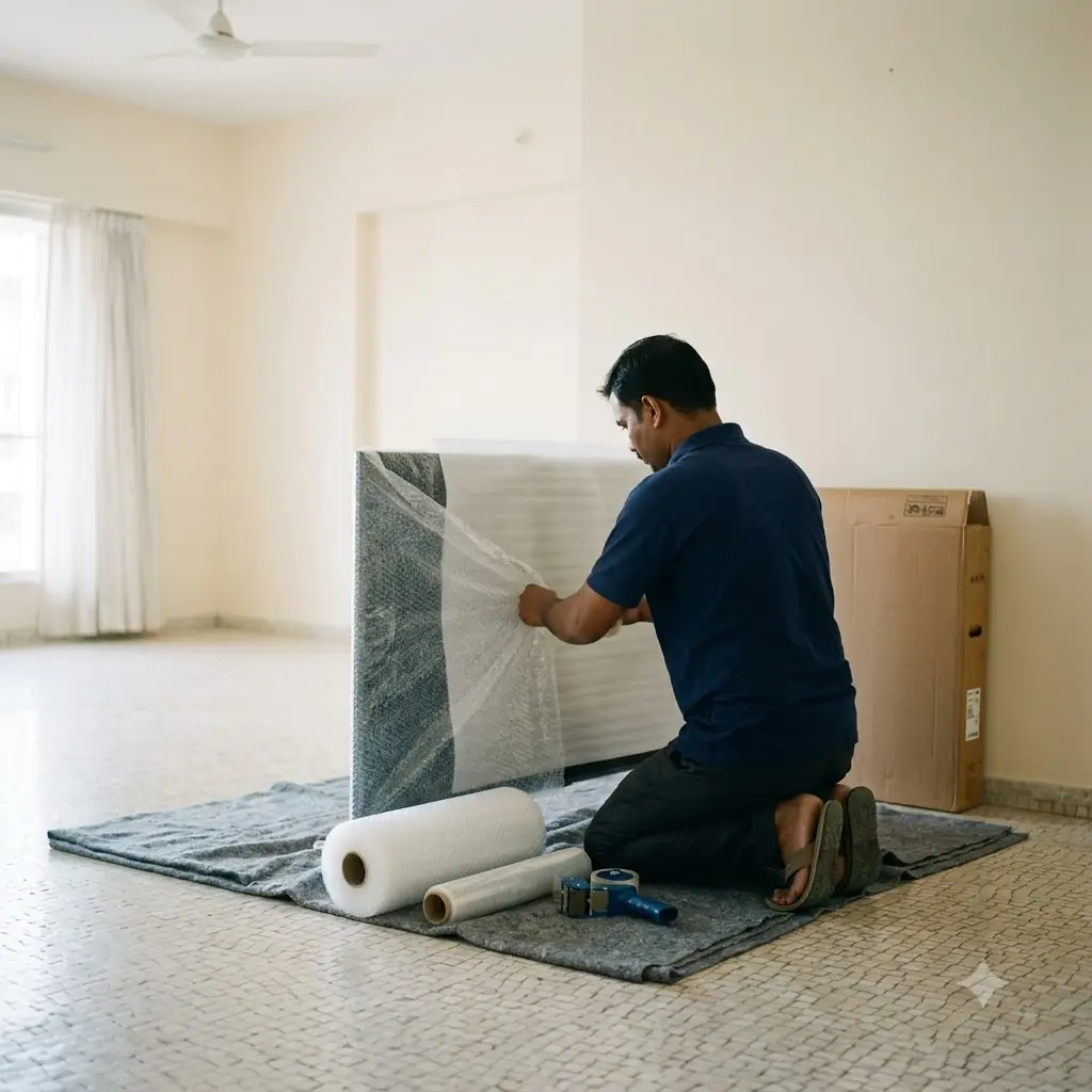 Illustration: a packer wrapping a flat-screen TV in bubble wrap