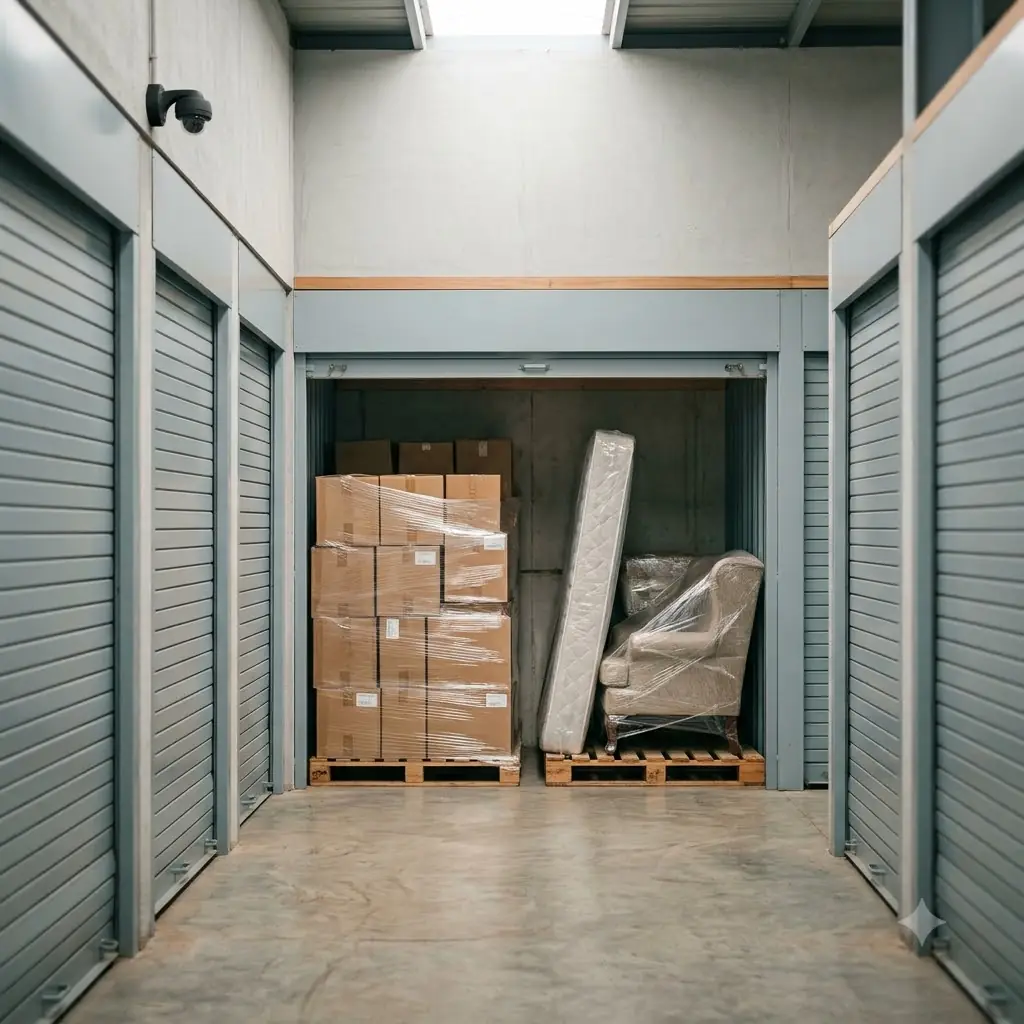 Illustration: wrapped goods on pallets inside an open storage unit