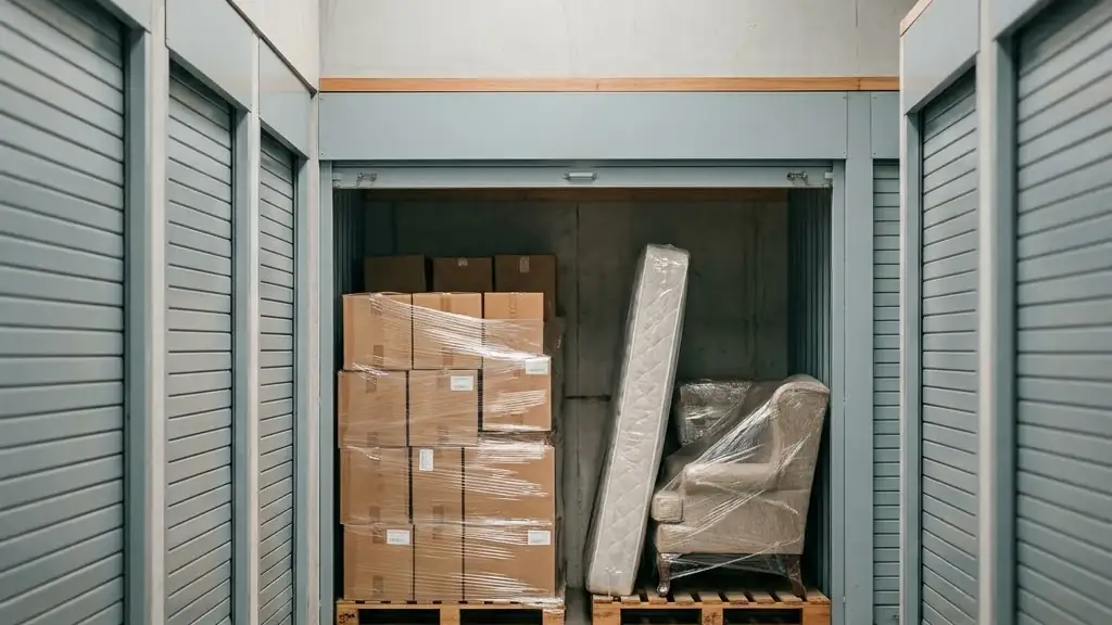 Illustration: wrapped goods on pallets inside an open storage unit