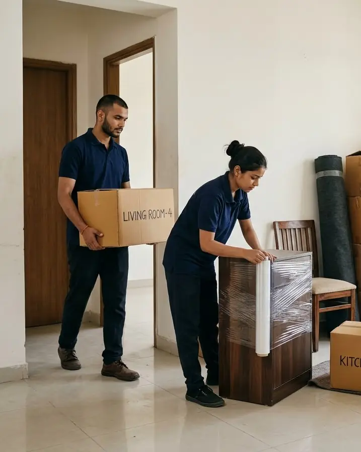 Illustration: a moving crew carrying, wrapping and labelling cartons in an apartment