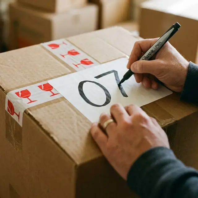 Illustration: a packer numbering a sealed carton with a marker